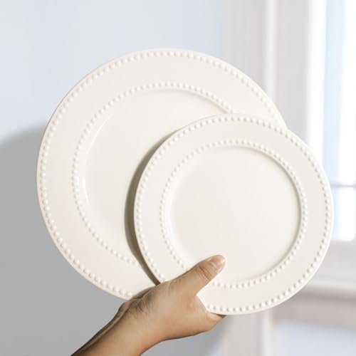 Dinner Plates Set of 4, 10.5 inch White Ceramic Plates, Embossed Salad Plates, Serving Plates for Steak Appetizer, Reusable Kitchen Dining Plates for Restaurant, Dishwasher Microwave Safe - color: 10.5 inch-White- Dot-4pcs