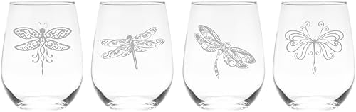 C M Dragonfly Stemless Wine Glass Set, 4 Pieces, 17 oz | Dragonfly Themed, For Women and Men, Gift