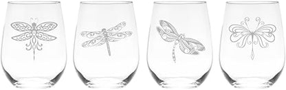 C M Dragonfly Stemless Wine Glass Set, 4 Pieces, 17 oz | Dragonfly Themed, For Women and Men, Gift