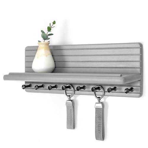 Rebee Vision Key Holder Wall Mount with Round Corner for Entryway, Gray | Pine Wood, Key Holder, Sturdy Lengthen Hooks, Farmhouse Floating Shelf, Home & Office Organization, Ideal Mail Organizer - color: Gray