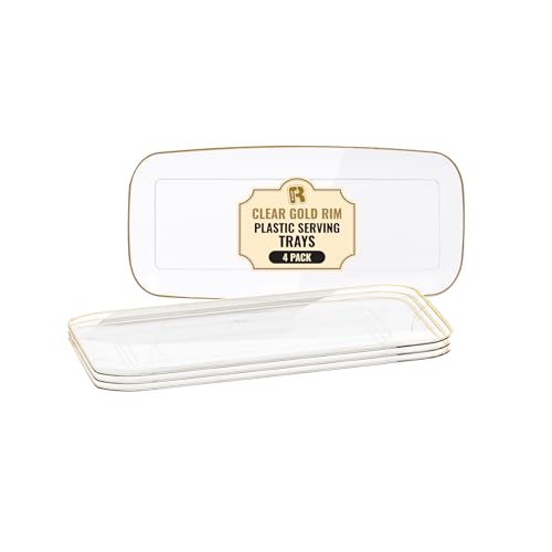 R-kay 4 Pack Clear Plastic Serving Trays - 10 by 5.5 in Heavy Duty Rectangular Platters for Party, Food, and Desserts - color: Clear And Gold, size: 10 Inch