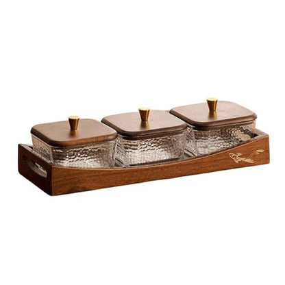 Divided Serving Tray with Lid, Made of Glass and Wood, Snack Bowl with Compartments for Fruit, Nuts, and Sweets. and Practical for Kitchen, of, 3 Compartments - size: 3 Compartments