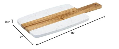 Winco 15" x 7" White/Brown Marble and Wood Serving Board | Great for Charcuterie, Cheese, Appetizers and Buffet Displays