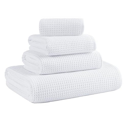 MICROFI Waffle Weave Bath Towel Set, Microfiber, 4 Pieces (Body/Hair/Hand/Face), Quick Dry, Lightweight, Super Absorbent, Lint Free, 380 GSM (White) - color: White