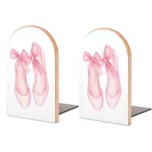 Pink Ballerina Shoes with Coquette Bow Wooden Bookends Shelves 2 PCS Watercolor Sturdy Book Holders Desktop Organizer for Home Office Libraries - color: Color-7