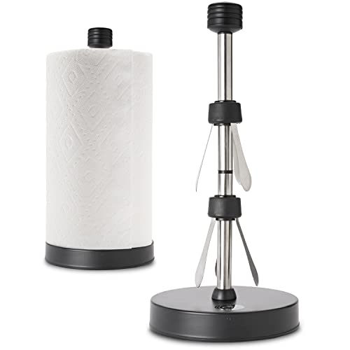 Heavy-Duty Stainless Steel Paper Towel Holder - Easy One-Handed Tear with Suction Cups - Modern Weighted Standing Countertop Dispenser for Kitchen - Holds All Paper Towel Rolls, Black - color: Black