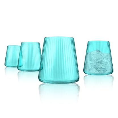 ARTLAND Soho Optic 16 Piece Glassware Set - Durable Glasses for Every Occasion - Champagne, Double Old Fashion, Goblet, Highball Glasses, Barware Essentials for Entertaining & Gifting (Turquoise) - color: Light Turquoise, style: 16-Piece Glassware Set
