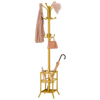 FAVOOSTY Coat Rack Freestanding,Coat Rack Stand with Umbrella Holder,Metal Coat Tree with 12 Hooks,Tree Clothes Hat for Entryway, Hallway, Bedroom, Living Room & Office -Glod - color: Gold