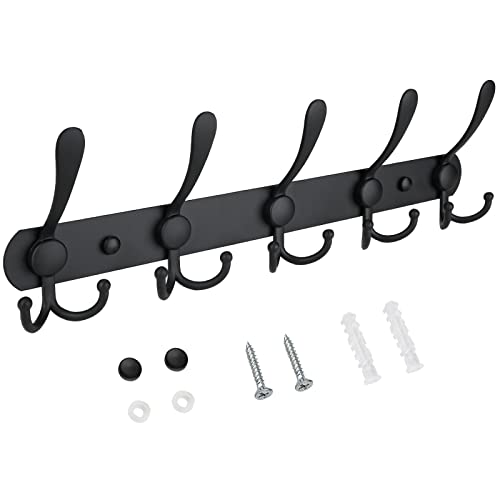 TICONN Wall Mounted Coat Rack, Five Heavy Duty Tri Hooks All Metal Construction for Jacket Coat Hat in Mudroom Entryway (Matte Black, 1-Pack) - color: Matte Black