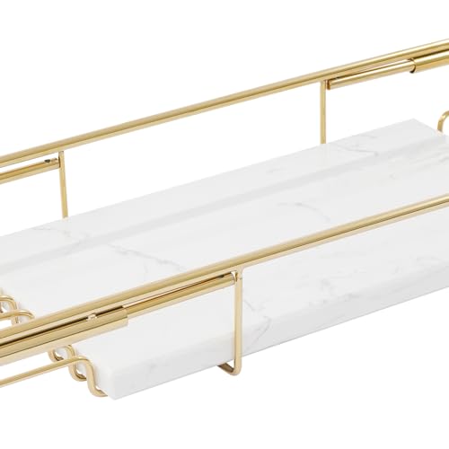 Expandable Stainless Steel Bathtub Caddy Tray, Adjustable Over Tub Rack Marble Board Anti-Slip Groove Raised Guardrail Modern Bath Organizer for Home Hotel Bathroom Use (Gold + White) - color: Gold + White