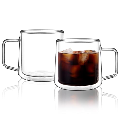 CNGLASS 15oz Double Walled Glass Coffee Mugs,Large Insulated Glass Mugs with Handle,Clear Coffee Cups for Espresso,Latte,Cappuccino,Tea,Set of 2 - color: 15oz(2-pack)