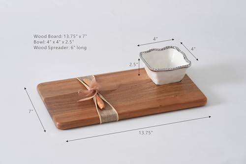 Pampa Bay Acacia Charcuterie Board with Porcelain White & Silver Dipping Bowl and Wood Spreader - color: White & Silver