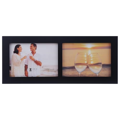 7x5 2-Opening Collage Picture Frame Black Wood | Two 5x7 openings, shatter-resistant glass, tabletop & wall mounting - size: 7x5 - 2 Opening