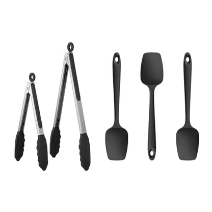 U-Taste 480ºF Heat Resistant Food Grade Silicone Spoon Spatula Set of 3, and 600℉ Heat-Resistant Food-Grade Non-Stick Firm Cooking Tong Set of 2 (Black)