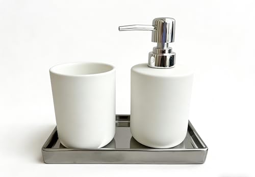 Bathroom Soap Dispenser Set with Tray, 3-Piece Countertop Organizer White | White textured ceramic storage cups, and soap dispensers, for countertop storage in bathrooms, kitchens, and bedrooms - color: White Texture