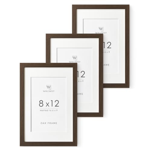 8x12 Picture Frame, Solid Oak Wood 8x12 Photo Frames with Mat to 6x9 | 12x8 Natural Oak Frame, Wall and Tabletop Display, Horizontal or Vertical Display, Walnut color, Set of 3 - color: Walnut, size: 8x12 in - 3P