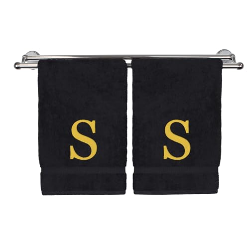 Monogrammed Hand Towel, Personalized Gift, Set of 2- Gold Block Letter Embroidered Towel - Extra Absorbent 100% Turkish Cotton - Soft Terry Finish - Initial S Black - color: Black & Gold, size: Initial S