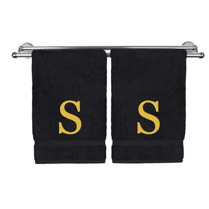 Monogrammed Hand Towel, Personalized Gift, Set of 2- Gold Block Letter Embroidered Towel - Extra Absorbent 100% Turkish Cotton - Soft Terry Finish - Initial S Black - color: Black & Gold, size: Initial S