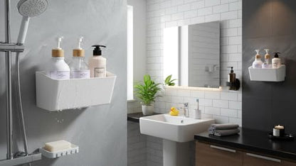 Bath Shelve, Adhesive Shelf Shower Caddy Bathroom Organizer, No Drill Wall Mounted Shower Caddy Basket Plastic，White Storage Rack for Bathroom/Kitchen