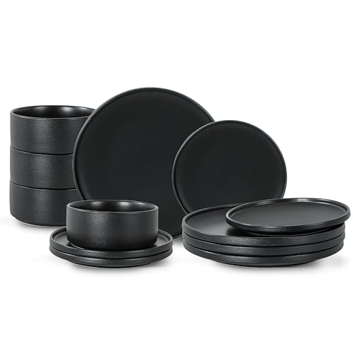 12 Piece Ceramic Plates and Bowls Sets for 4, Modern Black | Stoneware Dinnerware Set, Dishwasher & Microwave Safe, Handcrafted, Perfect for Family and Gatherings - color: Black, size: Service for 4(12PCS)