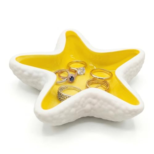 Ceramic Jewelry Dish, Starfish Trinket Dish and Ring Tray for Earrings, Necklaces and Keys, Yellow Coastal Beach Decor for Bathroom Vanity, Dresser or Nightstand - color: Yellow