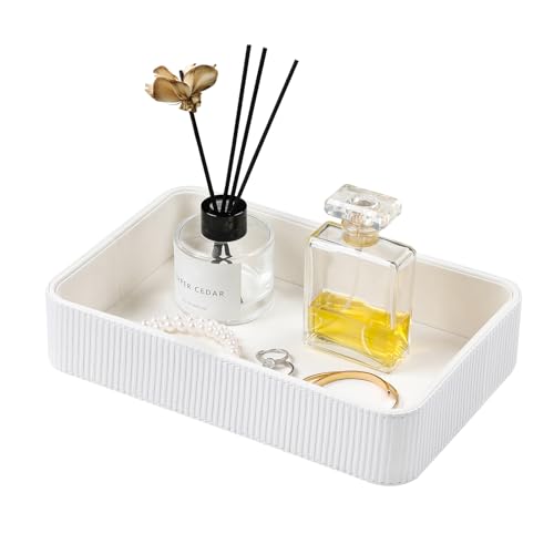 Valet Tray Organizer Bedside Nightstand Organizer Desk CatchallTray | PU Leather, Soft Lining, Larger Size, Decorative Modern Design, Aesthetic Stripes, Waterproof And Stain-Resistant - color: White
