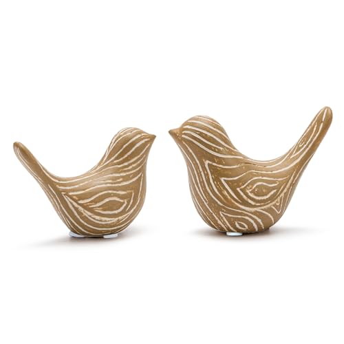 2PCS Small Birds Statues, Wood-Look Ceramic Bird Sculptures for Home Decor | Hand-craved Animal Figurines Boho Style Decorative Ornaments for Living Room,Bedroom,Office,Bookshelf,Coffee Table,Fireplace - color: Wood