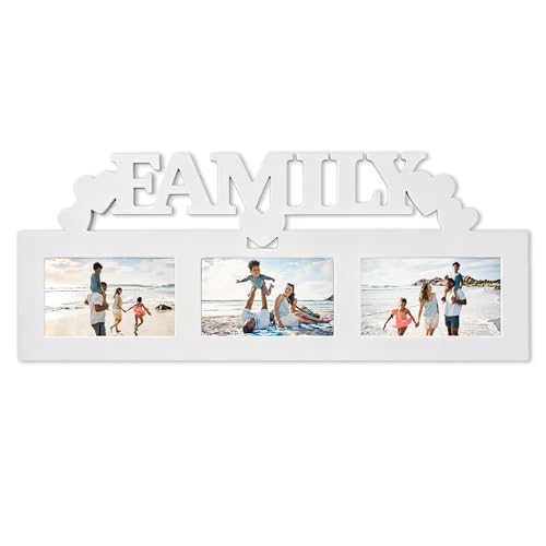 FAMILY Multi Photo Frame Wall Decor, One-Piece MDF 3 Opening 4x6 Picture Frame Collage, Rustic Farmhouse Wall Hanging Frame, Durable Melamine Finish, Easy to Hang, Display Family Memories (White, 21.3” x 9.4”) - color: white, size: 21.3"x 9.4"(3-Opening)