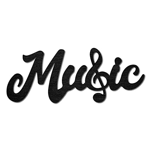 CREATCABIN Wood Cutout Music Sign Laser Cut Wooden Wall Decor Sculpture Hanging Decor Wall Art Decoration for Home Gallery Office Front Door Black 11.9" x 4.7" - color: Music