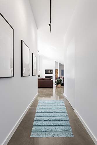VCNY Home Savannah Collection Bath Rug Runner-Boho Fringe Striped Design-for Bathroom, Hallway, or Kitchen Use, 24" x 60", Blue - color: Blue