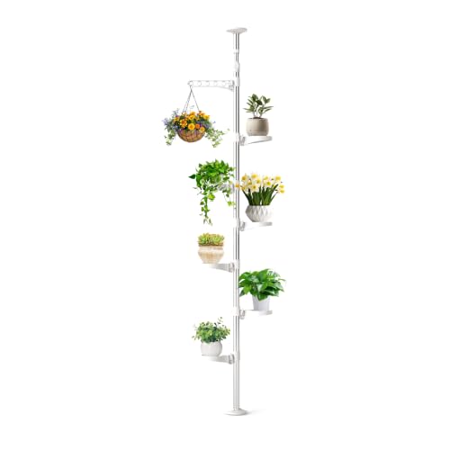 BAOYOUNI Plant Stand 7-Tier Tension Pole Metal Flower Rack Corner Ivory | Spring Loaded Pole,No Drilling Required ，Adjustable Height ,Space-Saving Corner Design， Holds Multiple Flower Pots - color: Ivory, size: 1 x 7 Tier