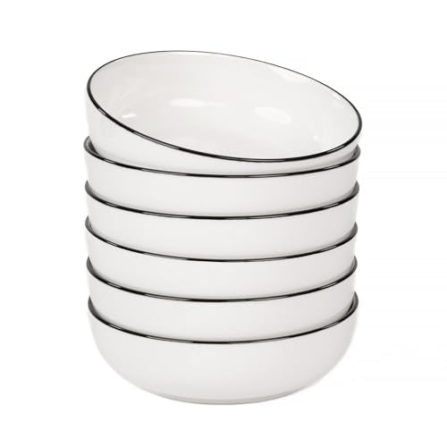 OTAGO 8" Stoneware Salad and Pasta Bowls Set of 6, Porcelain Ceramic Bowls with Black Rim, Microwave & Dishwasher Safe Tableware for Kitchen, Dinner & Dining - color: Black Rim, size: 6 Pieces