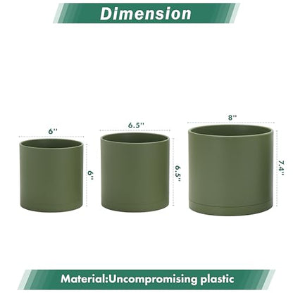 D'vine Dev 3-Pack Plastic Pots & Saucers, 6/6.5/8 in, Olive, 74-V-I-3 | Multi-Size Options, Lightweight Durable, Matte Finish, Cylinder Shape, Drainage Holes, Sleek Design, Detachable Saucer - color: Olive, size: Medium