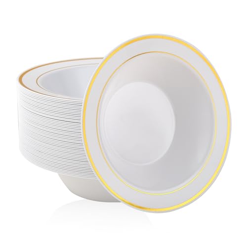 100PCS Plastic Bowls with Gold Rim 12oz Disposable Soup Bowls | Plastic Bowls for Christmas Thanksgiving Premium Dessert Salad Bowls for Wedding/Party/Halloween - color: Gold, style: 100Count
