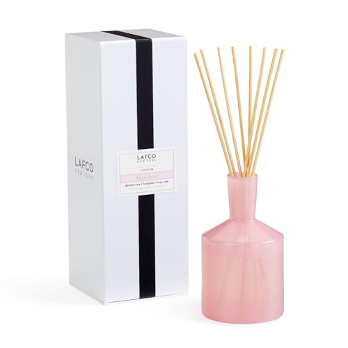 LAFCO New York Classic Reed Diffuser, Blush Rose - 6 oz - Up to 3 Months Fragrance Life - Reusable Glass Vessel - Natural Wood Reeds - Made in the USA