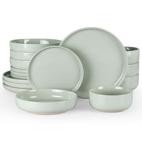 HaWare 16-Piece Plates and Bowls Set for 4, Stoneware Dinnerware Sets with Pasta Bowl, Dishes Set for Home Restaurant, Speckled Asparagus Green - color: Speckled Asparagus Green, size: 16pcs(with Pasta Bowls) for 4