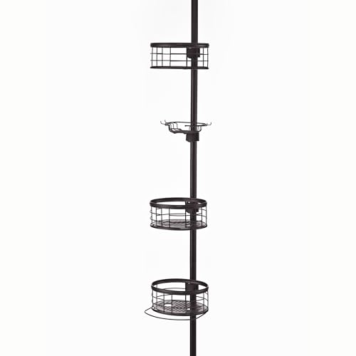 Tension Pole Shower Caddy Corner Organizer, Adjustable Standing Shower Caddy with 3 Removable Baskets and Hooks, Rust Resistant Tension Rod Organizer, 60.5 to 108 Inch, Oil Rubbed Bronze