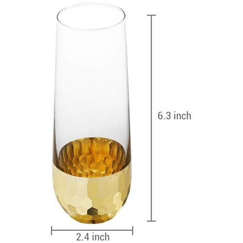 MyGift Modern Stemless Champagne Flute Glass Set of 4 Party Drinkware, Cocktails Prosecco Mimosa Glasses with Hammered Brass Plated Bottoms - color: Brass