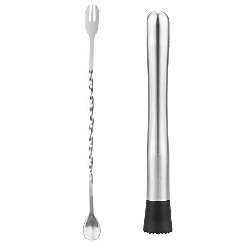 tifanso 2PCS 10" Stainless Steel Cocktail Muddler & Mixing Spoon for Bar | Long Handle Design, Ideal for Mojitos & Fruit Drinks, Sturdy & Rust Proof, Essential Bar Tools for Home & Professional Use