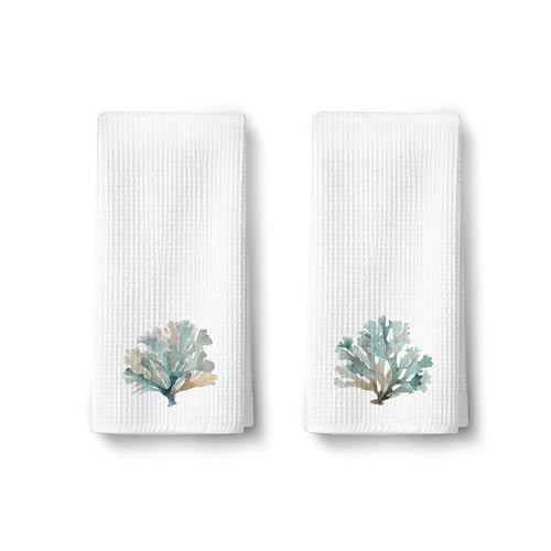 Teal Coral Coastal Bathroom Hand Towels Set of 2 - Ocean Seaside Waffle Bath Hand Towel Decorative for Summer Kitchen Dish Tea Towels, Beach House Coastal Bathroom Decor, Beach Gifts for Women Men066 - color: Ccolor008