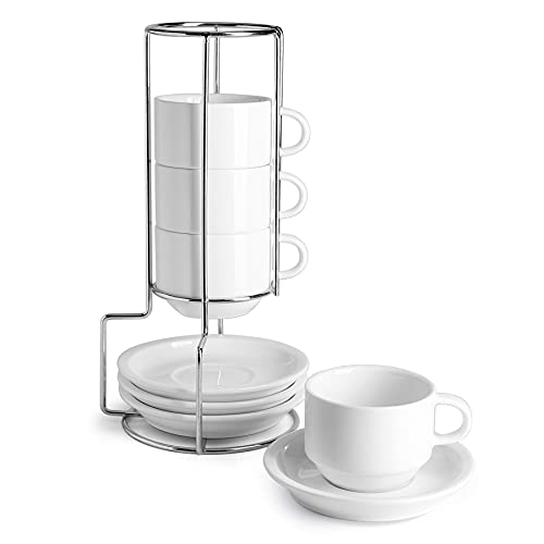 Sweese Porcelain Espresso Cups Set, 4 oz Stackable Cups with Saucers Metal Stand, Set of 4, White - color: White, size: 4 Ounces