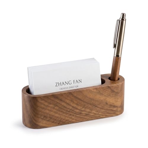 Business Card Holder for Desk, Minimalist Office Organizer Pen Hole | Professional Card Display with Pen Hole for Stylish Office, Tabletop & Home Decor, Smooth Card Stand Walnut Wooden Holder - color: Elongated-Pen Hole