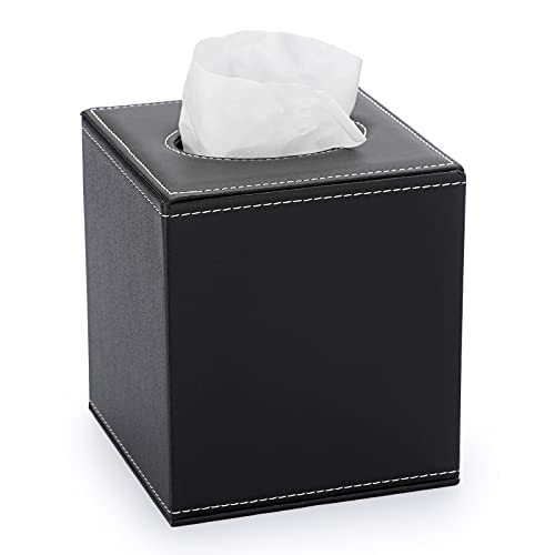 Sumnacon Square Leather Tissue Box Cover - Stylish Cube Tissue Box Holder with Magnetic Bottom, Decorative PU Tissue Box for Vanity Dresser Night Stand Table Countertop Home Office Car, Black - color: Black