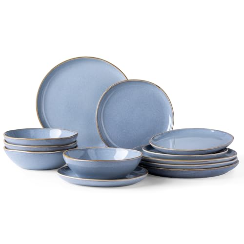 AmorArc Ceramic Dinnerware Sets for 4, 12Pcs Plates and Bowls Sets Dishes | Stoneware Handmade Reactive Glaze Dinner Set, Highly Scratch Resistant | Dishwasher & Microwave Safe Dishware - color: Reactive Blue, size: Service for 4