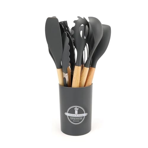 12 PCS Silicone Kitchen Utensils Set with Wooden Handle, Non-Stick Heat Resistant Cooking Tools with Holder, BPA-Free Kitchen Gadgets for Cookware, Multicolor