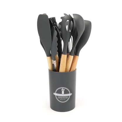 12 PCS Silicone Kitchen Utensils Set with Wooden Handle, Non-Stick Heat Resistant Cooking Tools with Holder, BPA-Free Kitchen Gadgets for Cookware, Multicolor