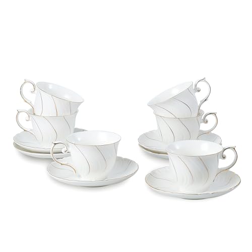 Agyiuns 6 Sets 6oz Porcelain Tea Cups Saucers，White with gold thread Tea Cups for Tea,Coffee - color: White with gold thread-set of 6