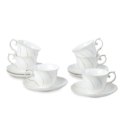 Agyiuns 6 Sets 6oz Porcelain Tea Cups Saucers，White with gold thread Tea Cups for Tea,Coffee - color: White with gold thread-set of 6
