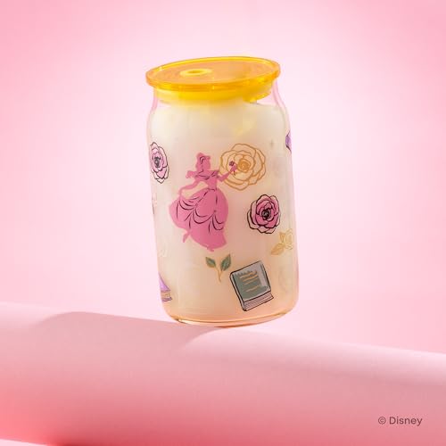 JoyJolt Disney Princess Icon Glass Tumblers with Lids and Straws, 16oz Glass Cups with Lids and Straws ft Princess Jasmine Ariel Cinderella Belle, 4pc Can Shaped Drinking Glasses, Iced Coffee Cups - style: Princess