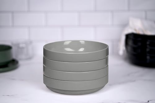 KooK Ceramic Large Pasta Bowls, Microwave and Dishwasher Safe, Great for Soups and Salads, Shallow Serving Bowls, Glossy Porcelain, 47 oz, Set of 4, Powder Grey - color: Powder Grey